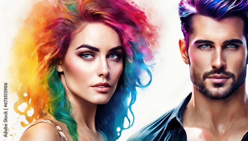 Obraz premium Close up portrait of couple in love looking each other. Handsome man and pretty woman. Watercolor art, paint drops, colorful melting human hair, intricate oil paint, abstract rainbow color background
