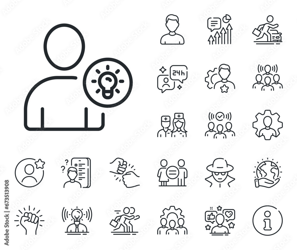 Profile with Lamp bulb sign. Specialist, doctor and job competition outline icons. User line icon. Person silhouette with idea symbol. User idea line sign. Vector