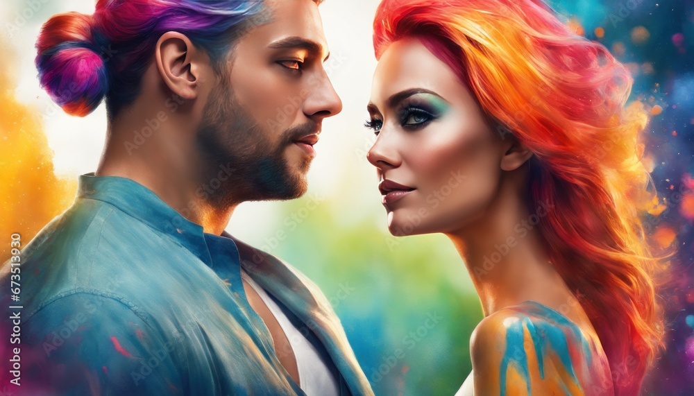 Obraz premium Close up portrait of couple in love looking each other. Handsome man and pretty woman. Watercolor art, paint drops, colorful melting human hair, intricate oil paint, abstract rainbow color background