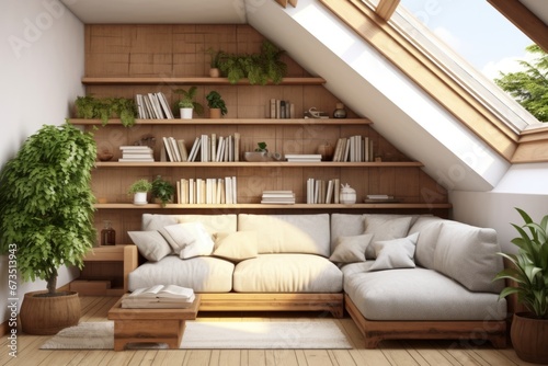 Cabincore Elegance: Attic Living Room with Wall Plants and Sofa photo