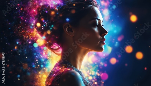 Mysterious beautiful young woman with rainbow colored powder and color explosion in the background. Close up portrait of perfect woman face, colorful light particles, color splashes bokeh background
