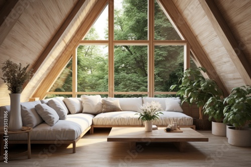Cabincore Elegance: Attic Living Room with Wall Plants and Sofa