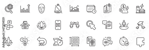Icons pack as 360 degrees, Augmented reality and Quarantine line icons for app include Coronavirus research, Attached info, Calendar outline thin icon web set. Click here, Square area. Vector