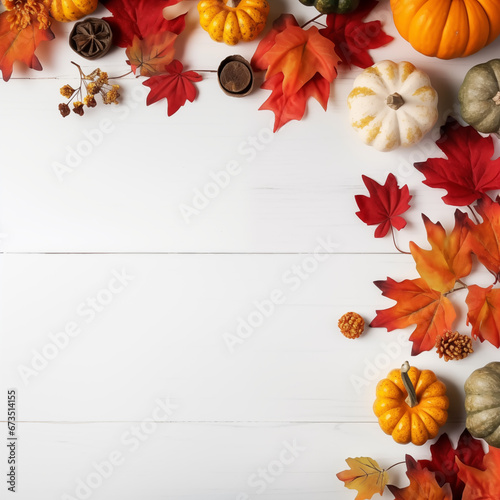 fall halloween thanksgiving concept.  festive autumn decor from pumpkins  berries and leaves on white wooden background.  flat lay composition with copy space
