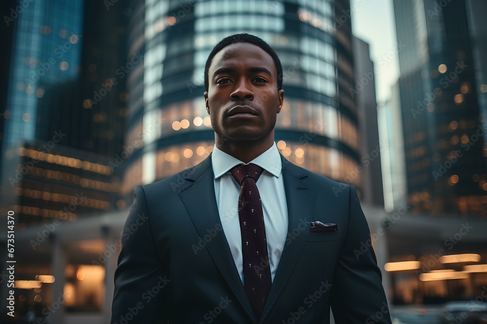 The face of a modern black businessman, framed by the city's skyscrapers, symbolizing empowerment and ambition. generative AI