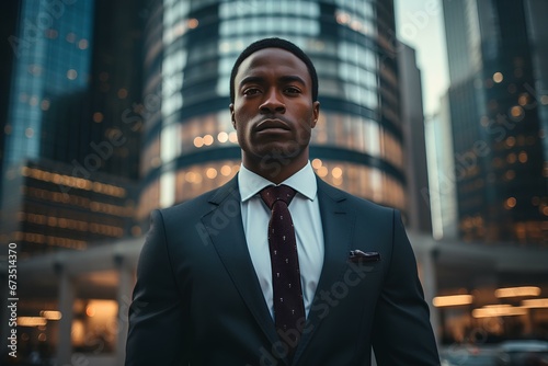 The face of a modern black businessman, framed by the city's skyscrapers, symbolizing empowerment and ambition. generative AI