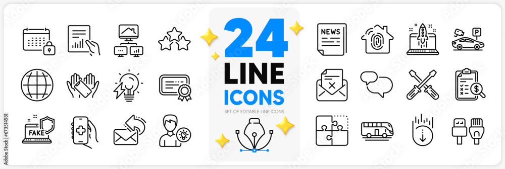 Icons set of Computer cables, Bus tour and Start business line icons pack for app with Accounting report, Work home, Health app thin outline icon. Reject letter, Person idea. Vector