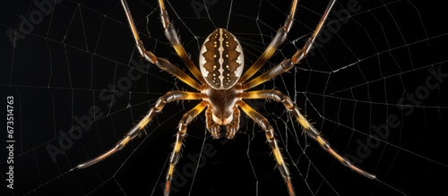 Observation of the upper surface of an orb weaving spider native to Australia observed from a different perspective positioned at the middle of its expansive network