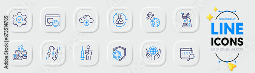 Dollar rate, Execute and Project deadline line icons for web app. Pack of Calendar, Vaccination announcement, Coronavirus pictogram icons. Fraud, Inspect, Chemistry experiment signs. Vector
