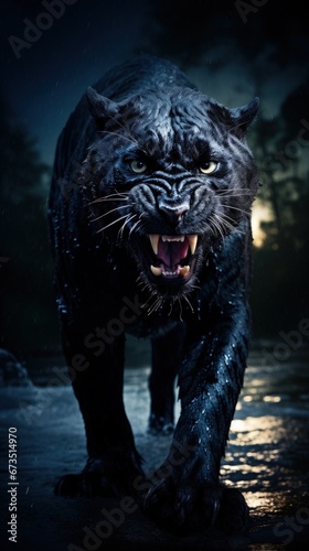 Black panthers dark colored individuals of the genus Panthera, family of cats, black predatory wild animal, powerful fast animal, aggressive .