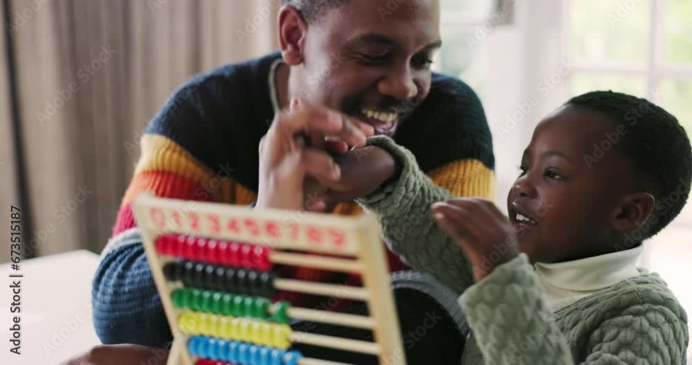 Black family, abacus and father high five child for education, learning and math lesson at home. School, academic and happy dad teaching boy at table for development, homework and educational toy