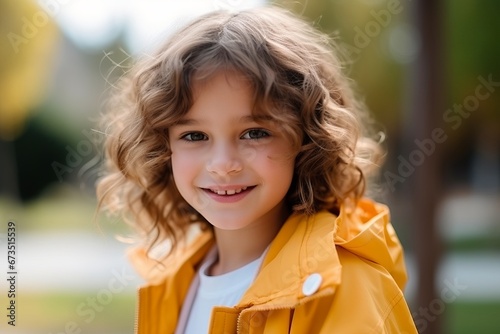 Portrait of a beautiful little girl in a yellow raincoat outdoors