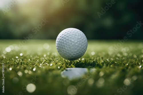 Closeup golf ball on tee with fairway golf course and blurred background