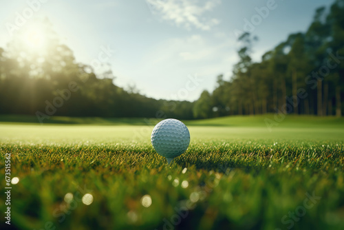 golf ball on tee with fairway golf course and blurred background with green trees panorama photo