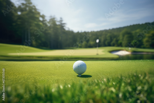 golf ball on tee with fairway golf course and blurred background with green trees panorama