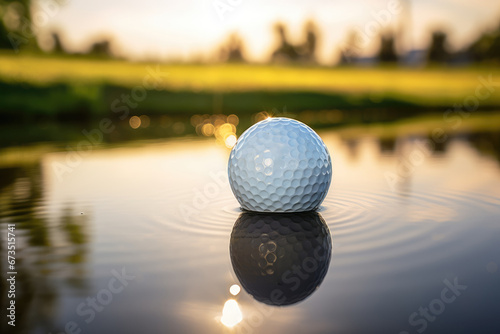 close up golf ball on the water surface with blurred background photo