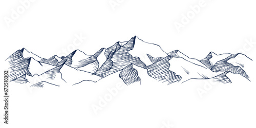 Hand drawn sketch of hiking or climbing on mountain. Nature highlands drawing, mountains landscape engraving. Vector isolated illustration