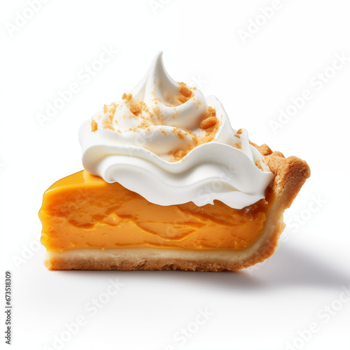 Slice of Pumpkin Pie with Whipped Cream on White Background