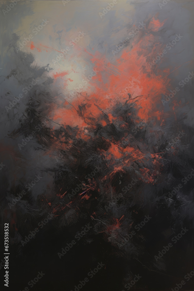 a painting of red and black clouds in the sky. Expressive Coral color oil painting background