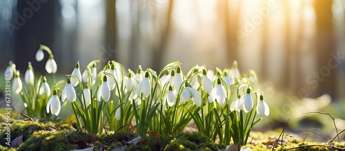 Snowdrop flowers blooming in the garden during a bright and sunny day photo