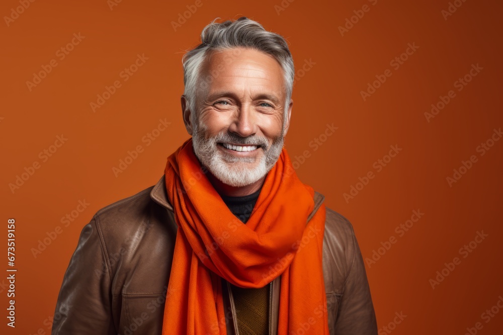 Smiling senior man in orange scarf. Isolated on orange background.