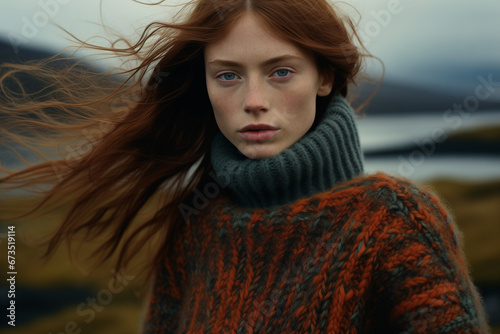 icelandic pullover, focus on supermodel, color photography
