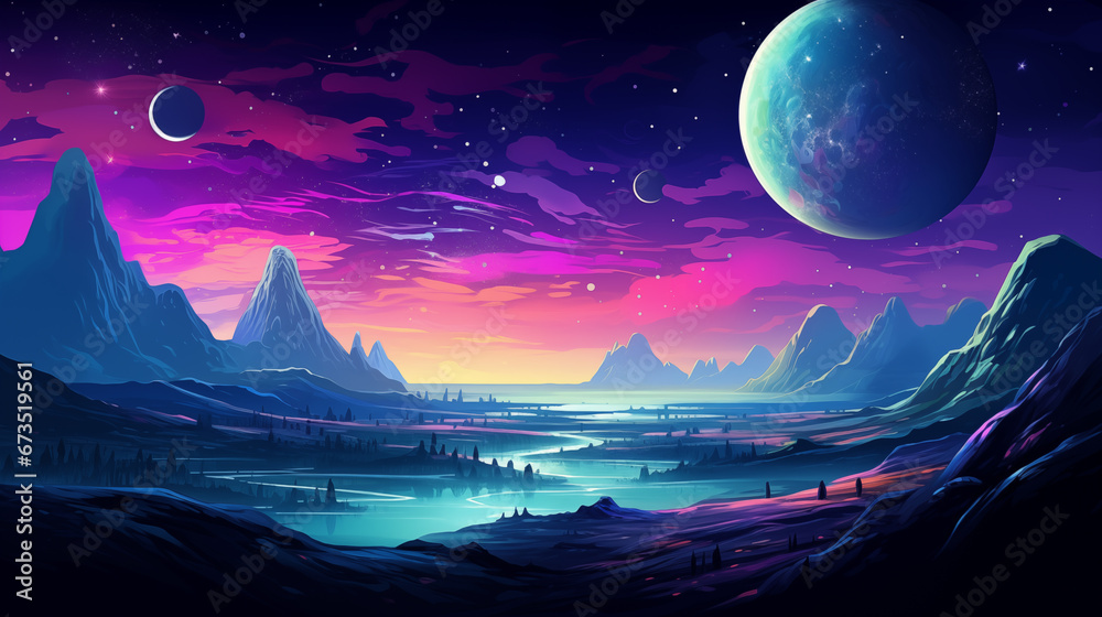 Fototapeta premium Futuristic outer space landscape, bold vivid colors, fictional worlds, digital painting