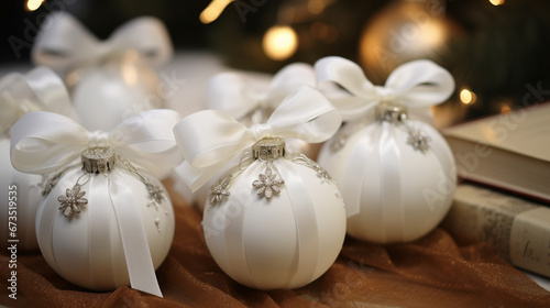 Christmas baubles with white bows decorated with silver stars