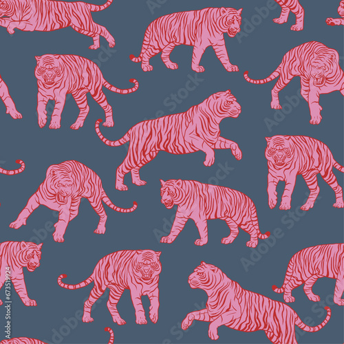 SEAMLESS HAND DRAWN JAPANESE TATTOO TIGER ANIMAL WILD WILDLIFE NATURE PREDATOR MODERN CONTEMPORARY CONVERSATIONAL FABRIC TEXTILE PATTERN SWATCH