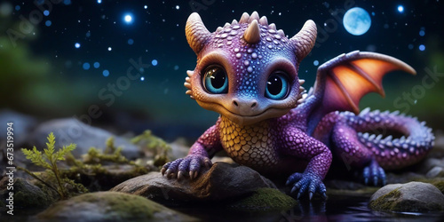 Fantasy Wildlife photography of a cute Nebula baby dragon with big eyes, by a rippling stream under a starlit sky, amazing