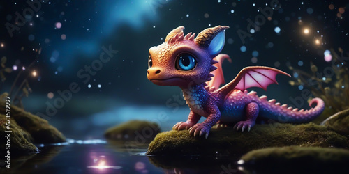 Fantasy Wildlife photography of a cute Nebula baby dragon with big eyes  by a rippling stream under a starlit sky  amazing