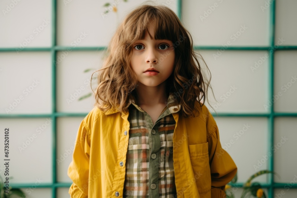 portrait of little girl in yellow raincoat and plaid shirt portrait of little girl in yellow raincoat and plaid shirt