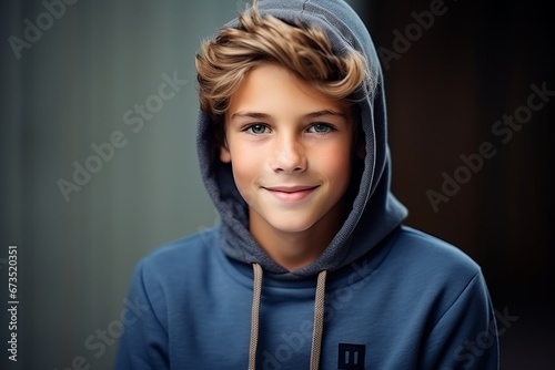 Portrait of a cute smiling boy in a hoodie looking at camera