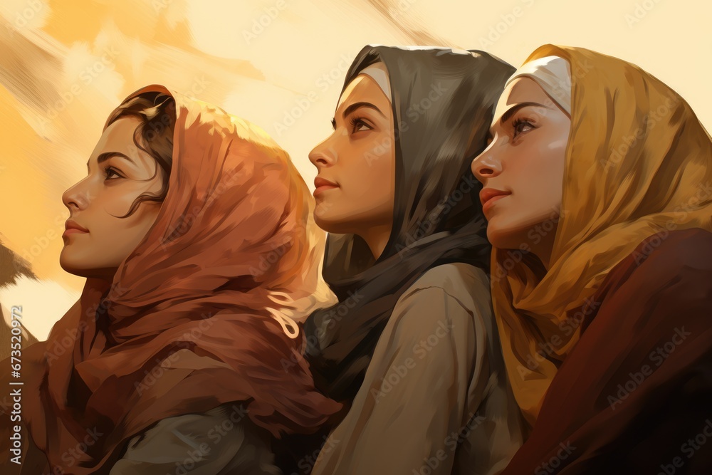 Multicultural girls friends, Arabic and African-American appearance in hijab, religion Islam, beautiful modest hidden women drawn with oil paints watercolor - obrazy, fototapety, plakaty 