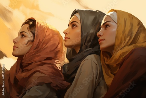 Multicultural girls friends, Arabic and African-American appearance in hijab, religion Islam, beautiful modest hidden women drawn with oil paints watercolor photo