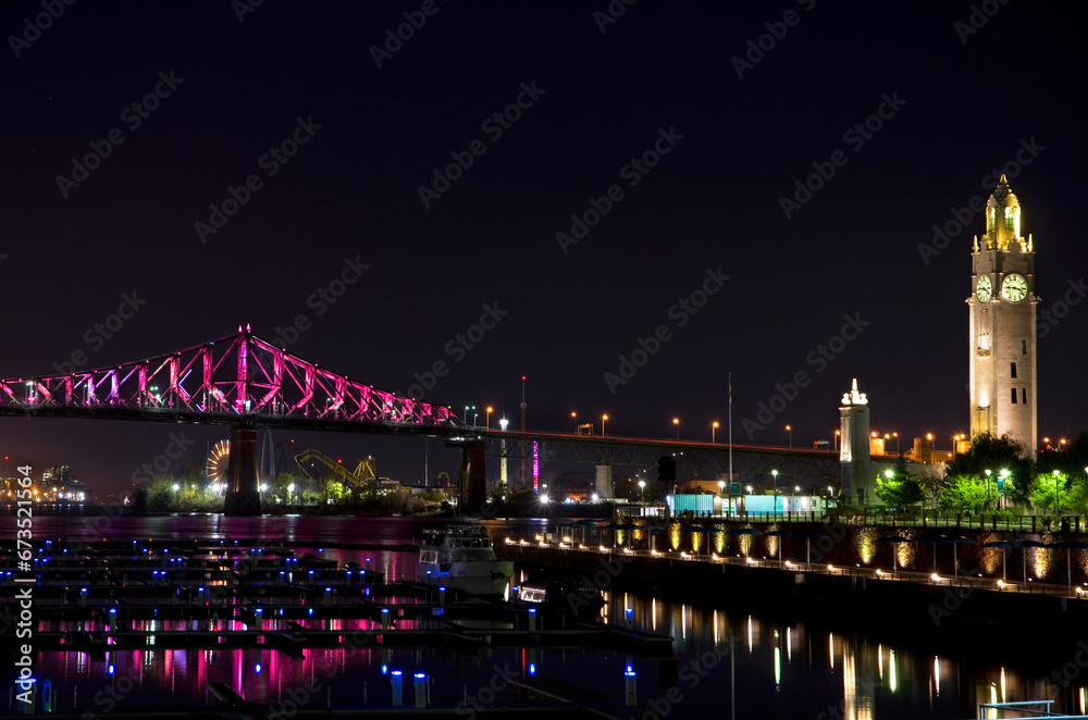 Night Image of Montreal Old Port with View of the Bridge and Clock Tower