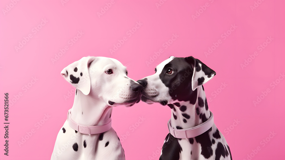 Dalmatians couple in a pet relationship. Cute two dogs hug each other, a symbol of love. Animal concept. Valentine's Day. Pastel pink background.