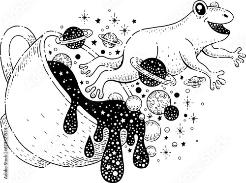 Creative concept with frog, cup, coffee splash and planets tattoo. Cute frog jump out of cup with tea and galaxy print. Concept of coffee break, launch, breakfast, vector sketch illustration
