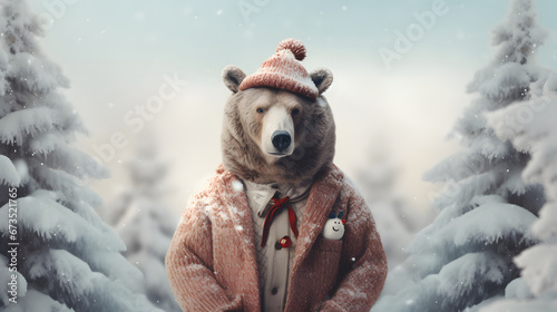A bear standing on two legs in a warm winter sweater. Abstrac minimal portrait of a wild animal dressed up as a man in elegant clothes. A winter idyll next to the Christmas trees. photo