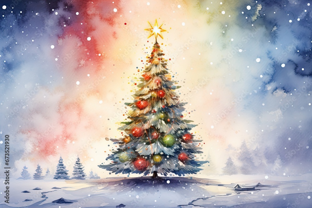 decorated christmas tree with gifts, beautiful christmas card watercolor background