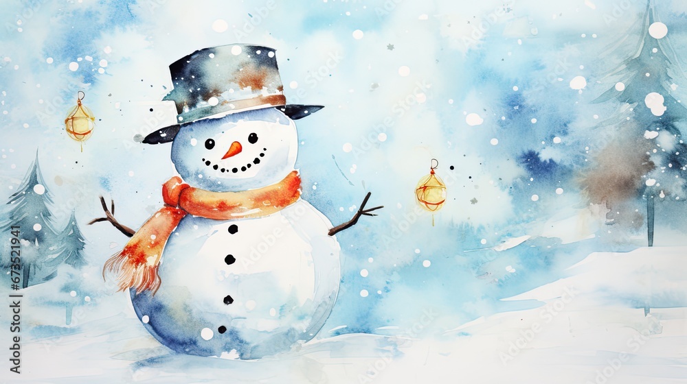 snowman standing in the snow, christmas card background 
