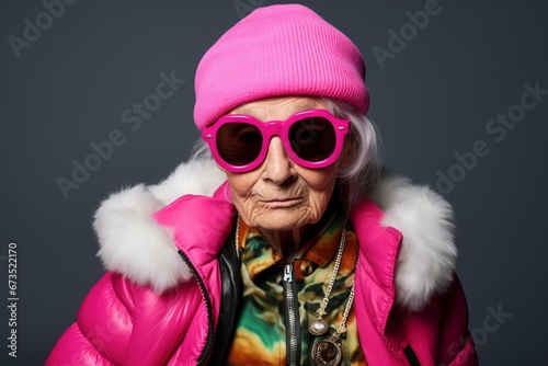 Fashionable senior woman in pink jacket, hat and sunglasses.