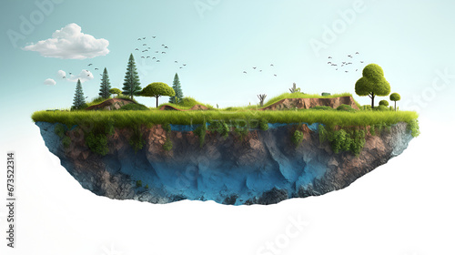 island. Surreal float landscape. Cross section of land with grass on a white background.
