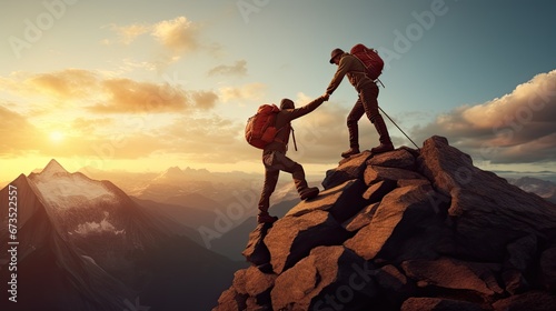 Hiker helping other man