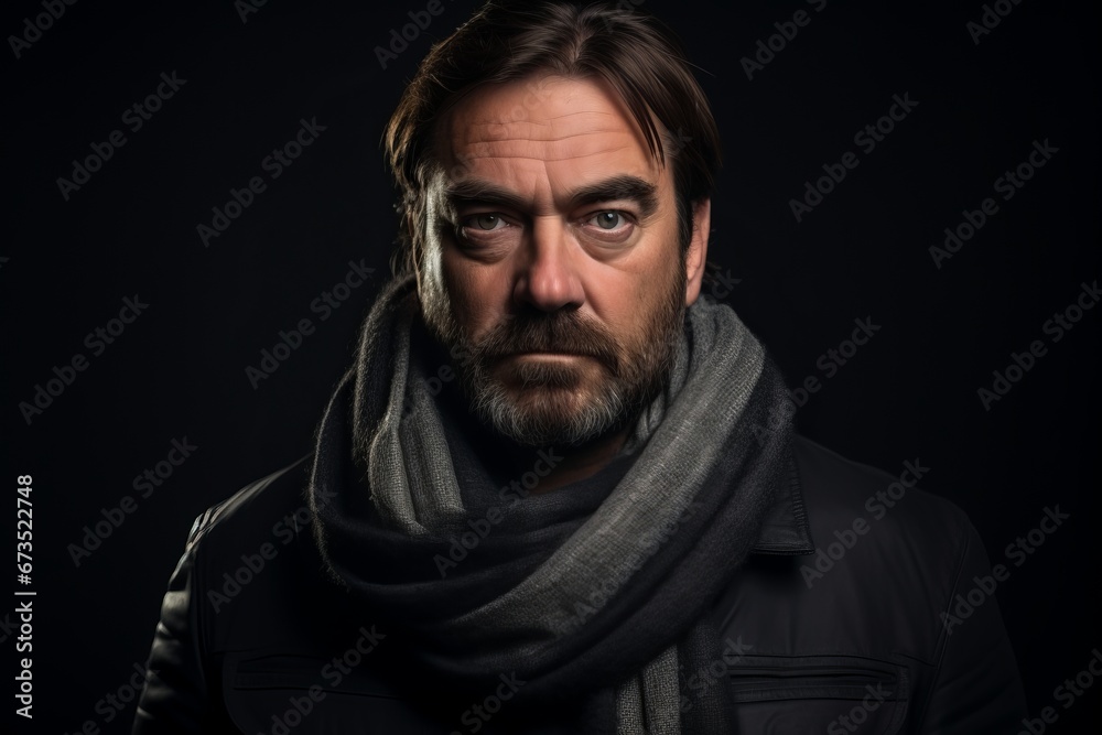 Portrait of a man with a beard and a scarf on a black background