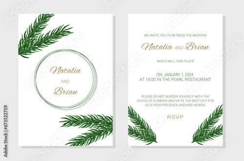 Wedding invitation layout template in winter theme. Decor made of spruce branches. Design of an invitation card. Vector illustration.