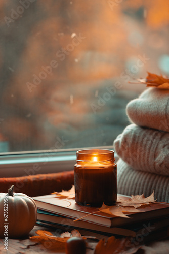 Lit Candle Casting a Warm Glow, Surrounded by the Rich Tapestry of Fall's Fading Leaves, Bountiful Harvest of Pumpkins, and Luscious Apples, Inviting You to Savor the Season's Cozy Charm 