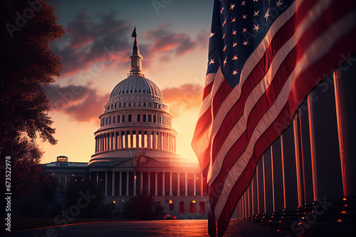 The United States Capitol building with American flag at sunset, Washington DC, USA. High quality illustration photo