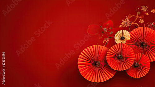 chinese lanterns with fan background on a red background