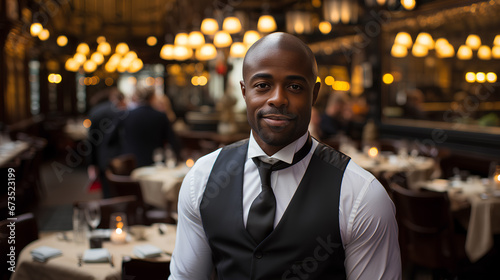 Glamour image of an ethnic american man wearing a vest in an elegant restaurant - Generative AI